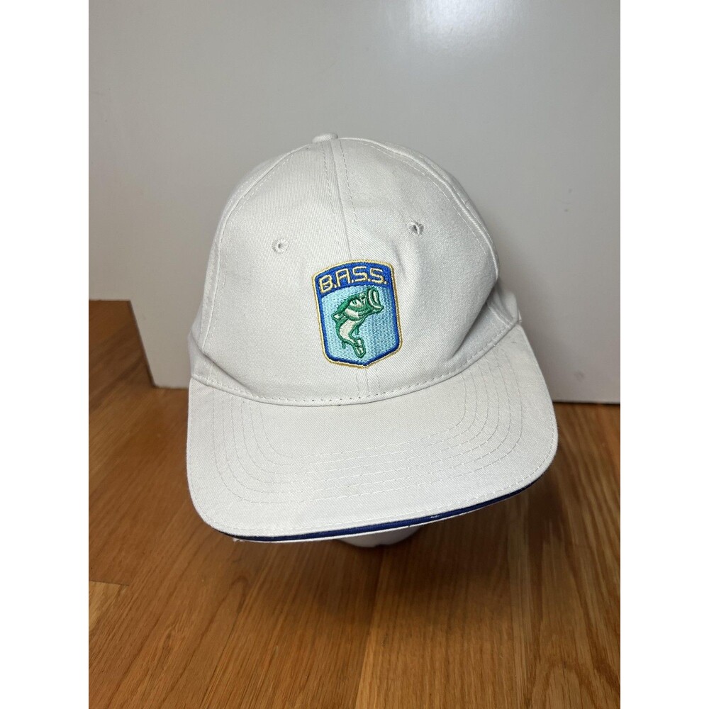 B.A.S.S. Hat Cap Strap Back White Blue Fishing Angler Embroidered Patch Mens